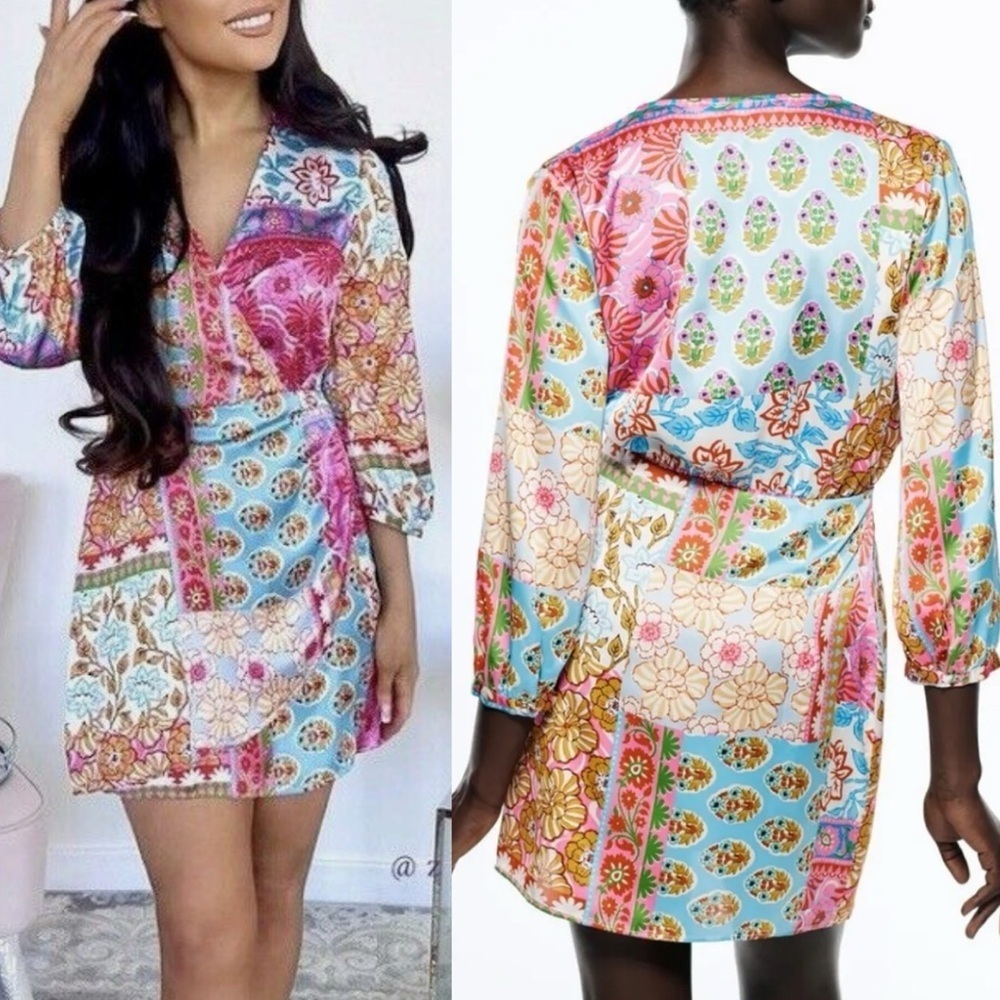 ZARA Boho Patchwork Floral Mini Dress Size S Satin Colorful Boho Long sleeve